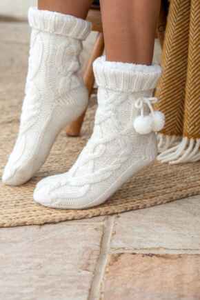 Cosy Cable Knit Lined Slipper Sock  - Cream