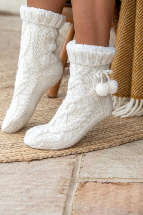 Cosy Cable Knit Lined Slipper Sock - Cream