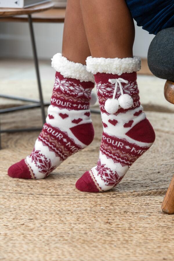 Cosy Fairisle Knit Lined Slipper Sock - Berry/Ivory