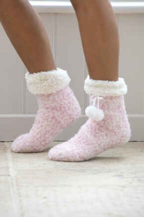 Cosy Popcorn Knit Lined Slipper Sock  - Light Pink