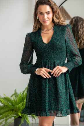 Izzy Shirred Bodice Long Sleeve Chiffon Dress  - Forest/Black