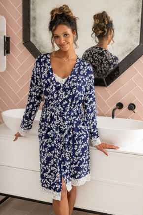 Sofa Loves Lace Jersey Wrap Dressing Gown - Navy/White