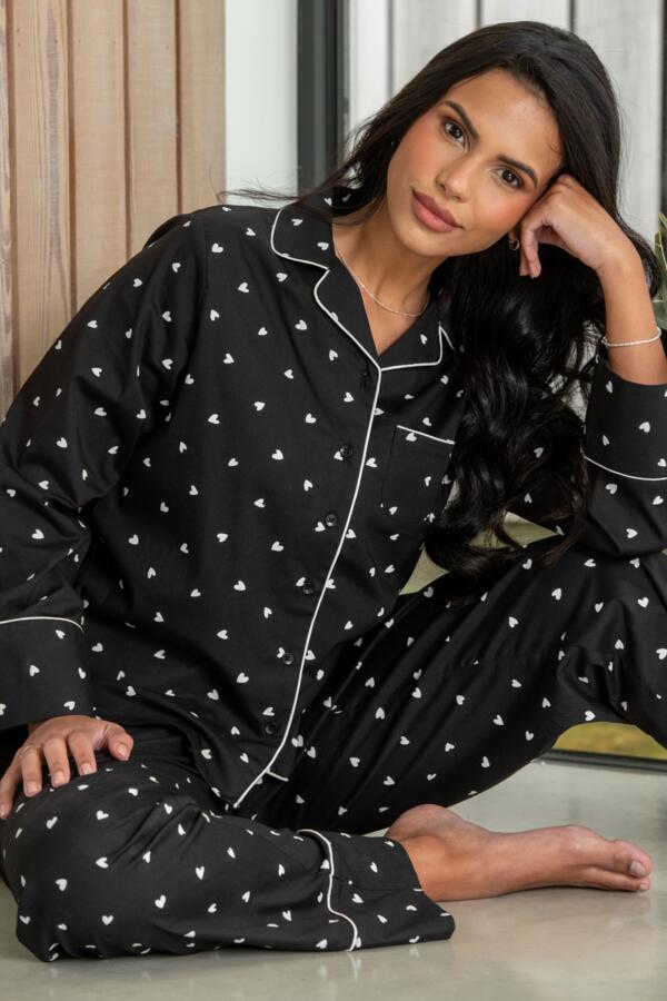 Stretch Cotton Button Through Revere Collar Pyjama Set - Black/White