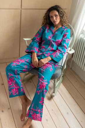 Stretch Cotton Button Through Revere Collar Pyjama Set - Teal/Pink