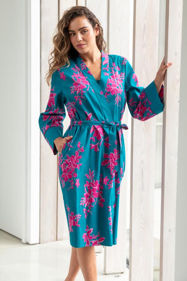 Stretch Cotton Dressing Gown - Teal/Pink