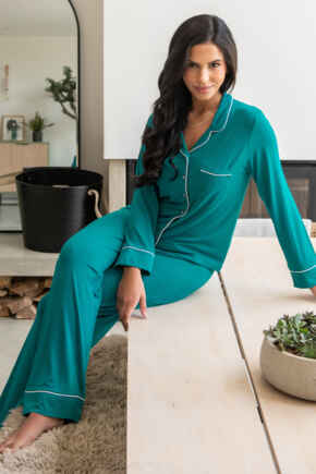 Bamboo Jersey Button Through Revere Collar Pyjama Set - Teal/Pink