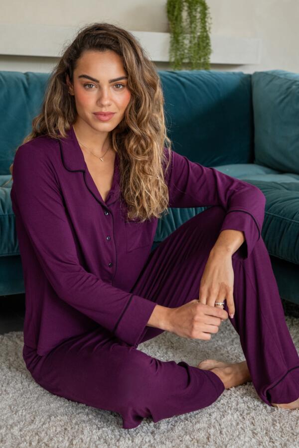 Bamboo Jersey Button Through Revere Collar Pyjama Set - Plum/Black