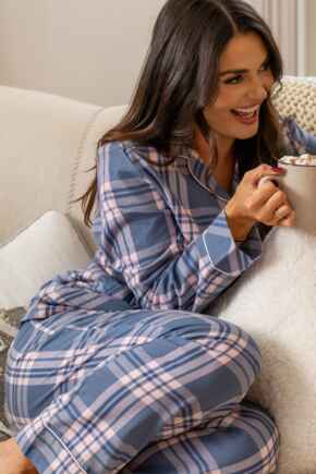 Cosy Check Brushed Cotton Pyjama Gift Set - Steel Blue/Pink