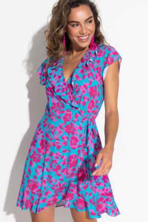 LENZING™ ECOVERO™ Viscose Frill Wrap Beach Dress  - Blue Floral