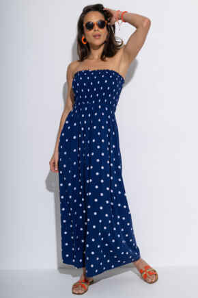 Strapless Shirred Bodice Maxi Beach Dress - Navy/White