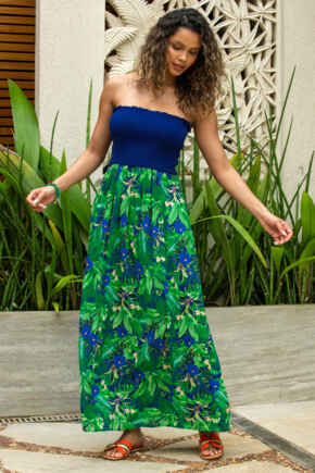 Strapless Shirred Bodice Maxi Beach Dress - Navy Fern