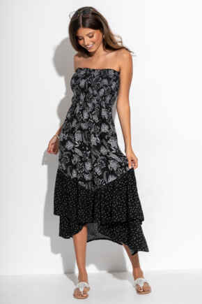  Strapless Asymmetric Tiered Woven Maxi Dress - Black/White