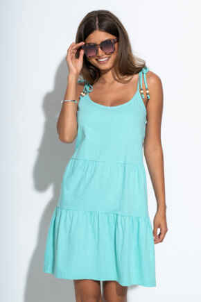 Tie Shoulder Tiered Cotton Slub Jersey Short Dress - Aqua