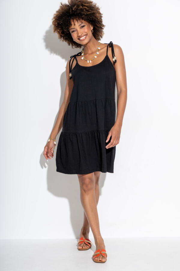 Tie Shoulder Tiered Cotton Slub Jersey Short Dress