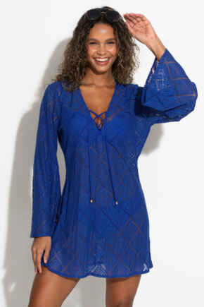 Crochet Lace Long Sleeve Beach Cover Up - Ultramarine