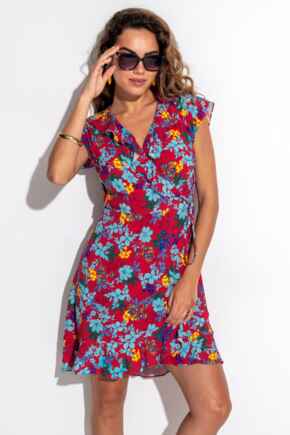 Frill Wrap Beach Dress  - Red Floral