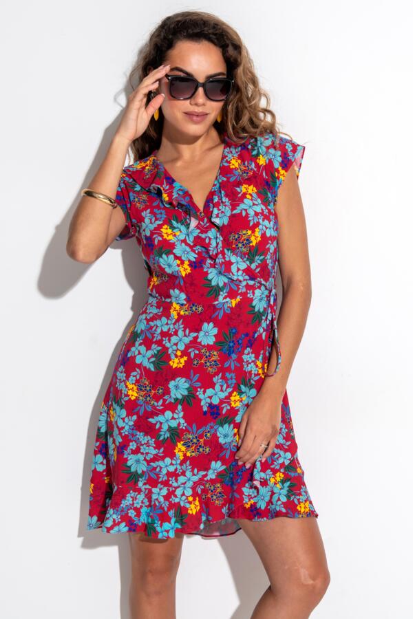 Frill Wrap Beach Dress - Red Floral