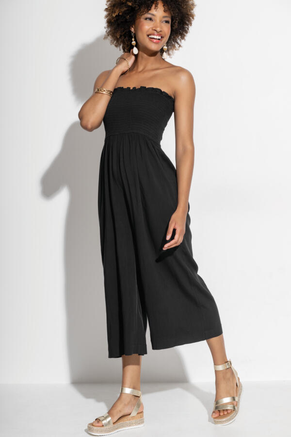 Strapless Shirred Bodice Crop Leg Beach Jumpsuit - Black