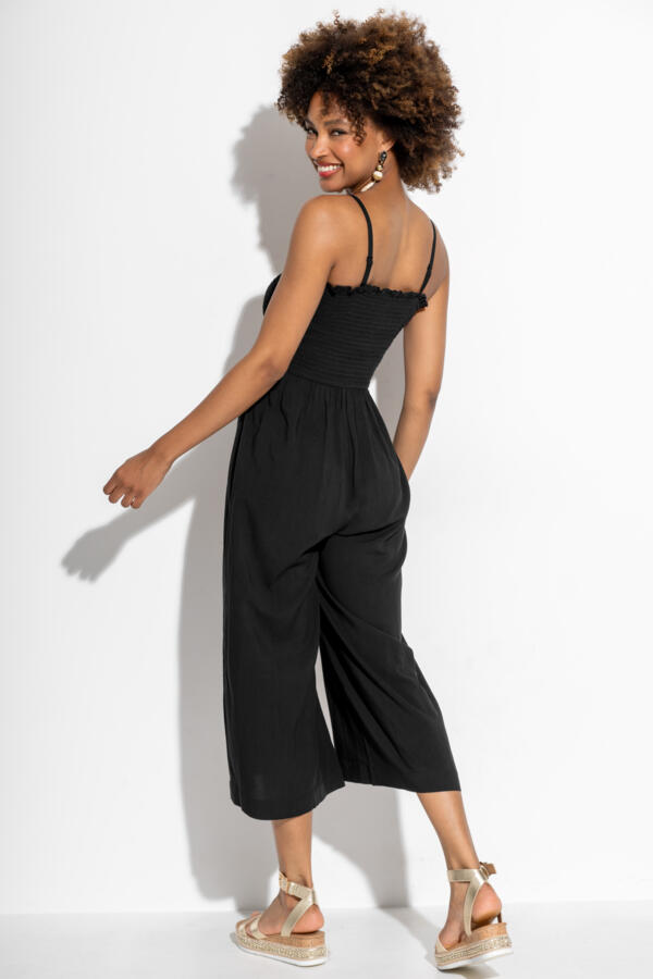 Strapless Shirred Bodice Crop Leg Beach Jumpsuit