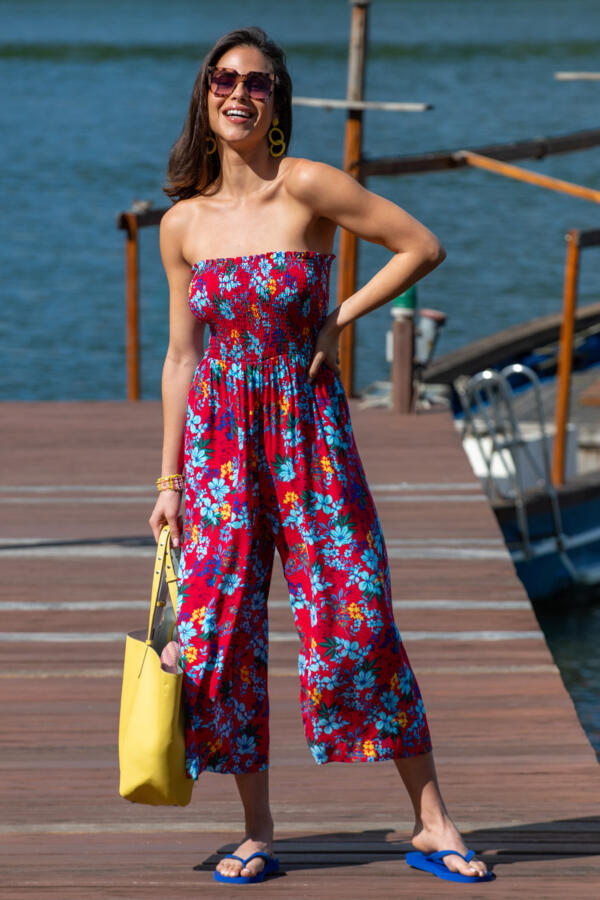 Strapless Shirred Bodice Crop Leg Beach Jumpsuit