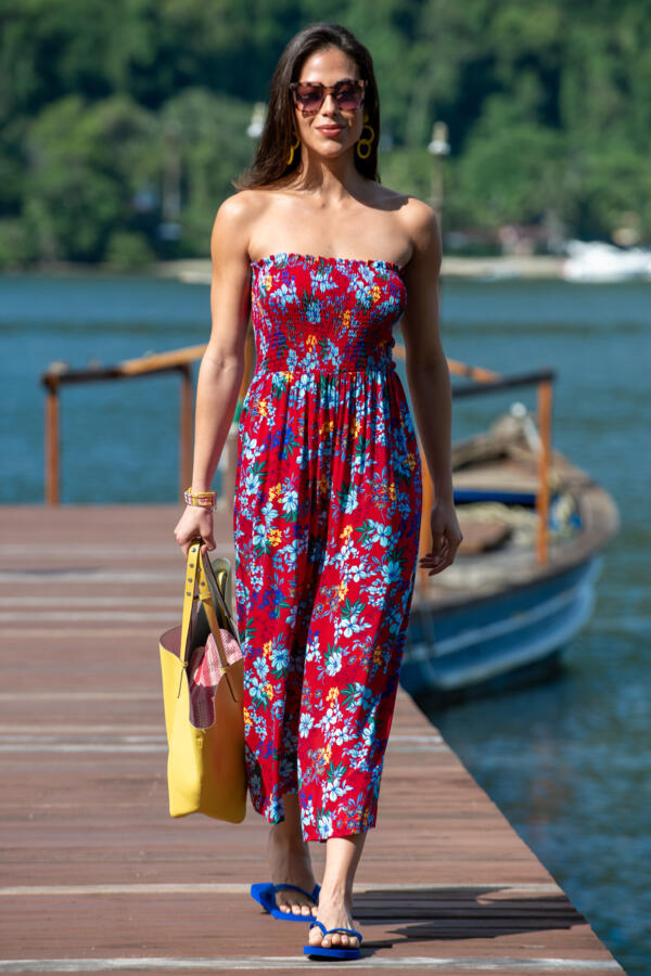 Strapless Shirred Bodice Crop Leg Beach Jumpsuit