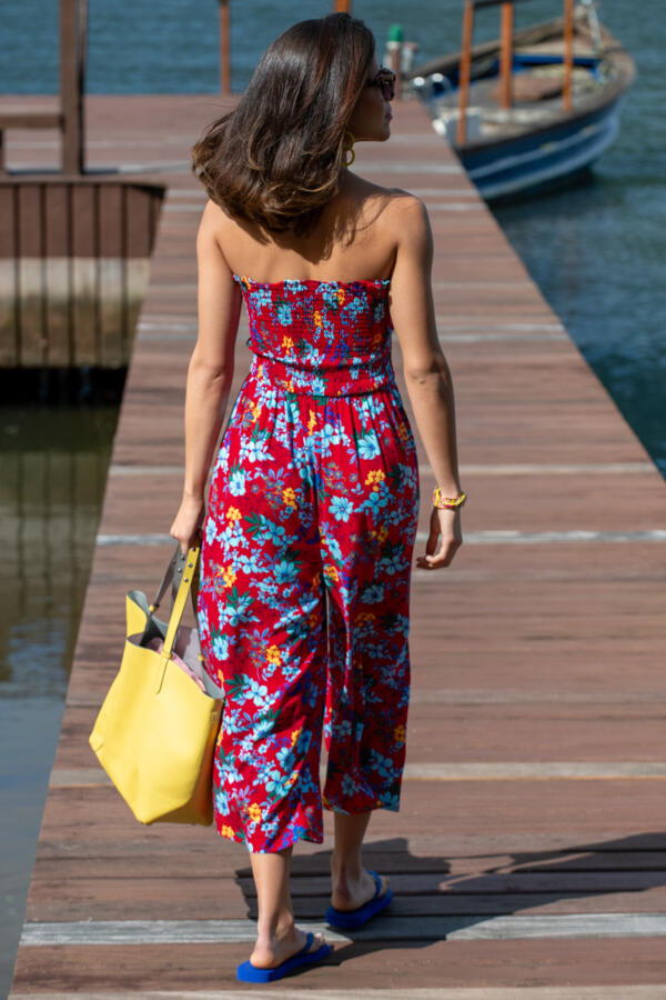 Strapless Shirred Bodice Crop Leg Beach Jumpsuit