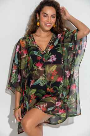 Chiffon V-Neck Embellished Kaftan  - Black Tropical