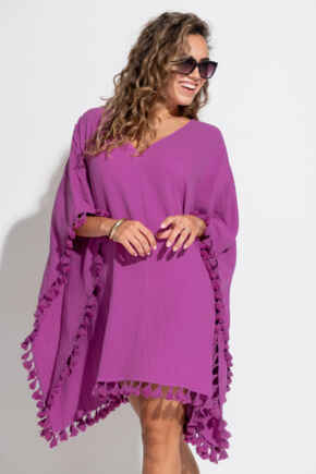 Cotton Double Cloth Fringe Trim Kaftan - Ultraviolet