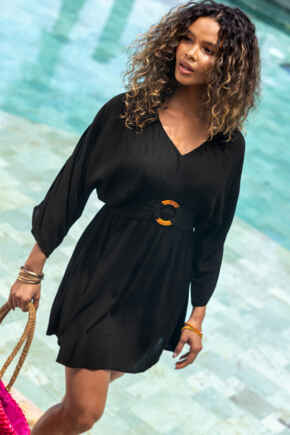 Crinkle O-Ring Woven Beach Kaftan - Black