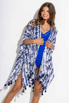 Woven Tassel Kimono - White/Blue