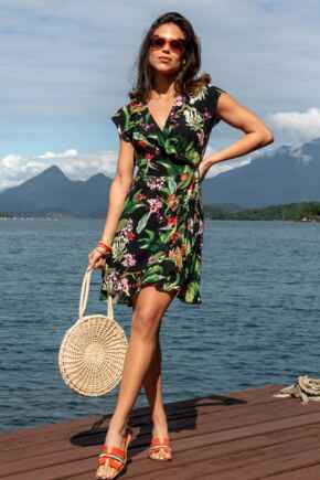 LENZING™ ECOVERO™ Viscose Frill Wrap Beach Dress  - Black Tropical