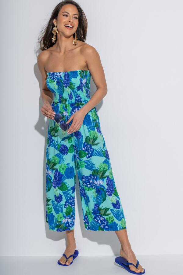 Strapless Shirred Bodice Crop Leg Beach Jumpsuit