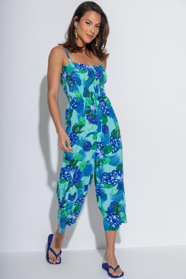 Strapless Shirred Bodice Crop Leg Beach Jumpsuit