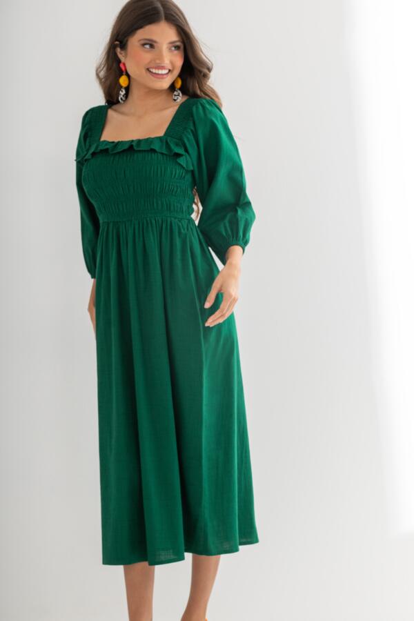 Textured Woven Frill Detail Midi Dress