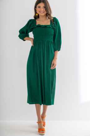 Textured Woven Frill Detail Midi Dress  - Forest