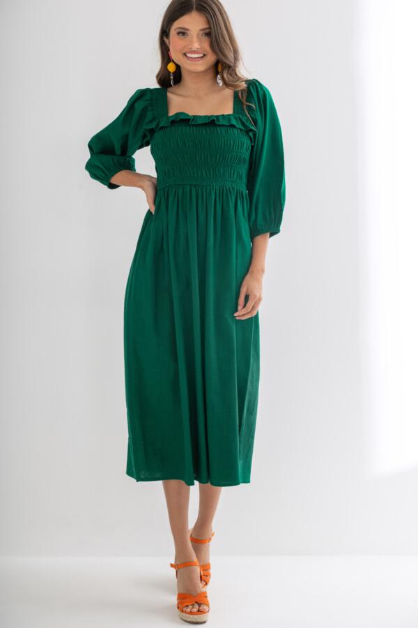Textured Woven Frill Detail Midi Dress