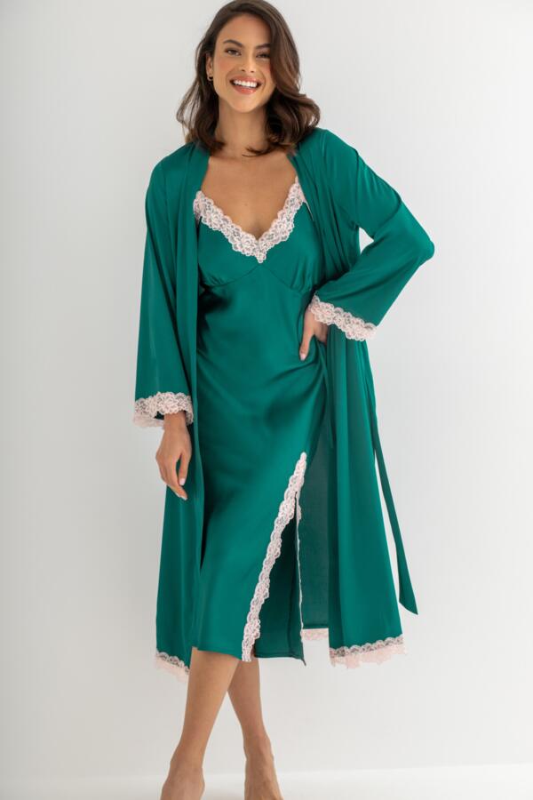 Dusk Satin and Lace Kimono Sleeve Dressing Gown