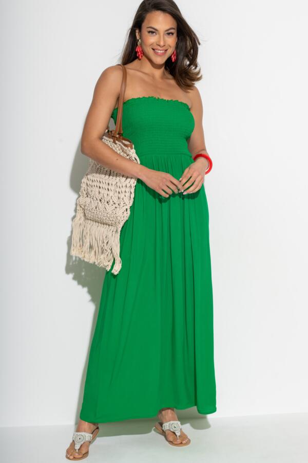 Strapless Shirred Bodice Maxi Beach Dress