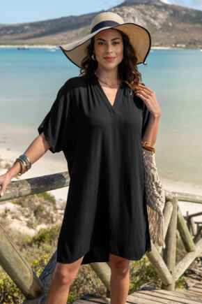 V-Neck Collared Crinkle Woven Beach Kaftan  - Black