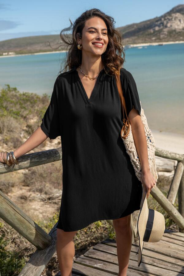 V-Neck Collared Crinkle Woven Beach Kaftan