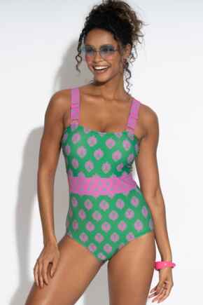 Palm Springs Colour Block Tummy Control Swimsuit - Green/Pink
