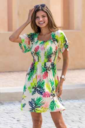 Angel Sleeve Shirred Bodice Woven Dress  - Ivory Tropical
