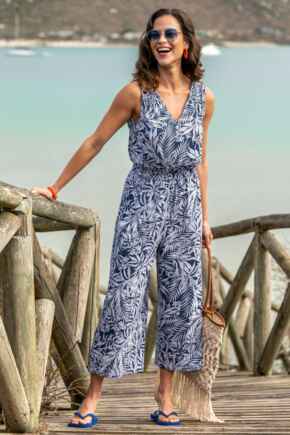 Maya Cotton Slub Jersey Built-Up Cropped Leg Jumpsuit - Navy/White