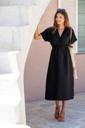 Shirred Neckline Textured Woven Midi Dress - Black