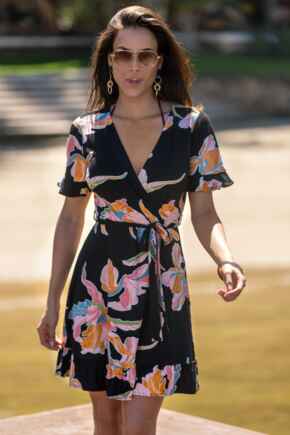 Birdie Stretch Viscose Jersey Wrap Front Dress - Black Floral