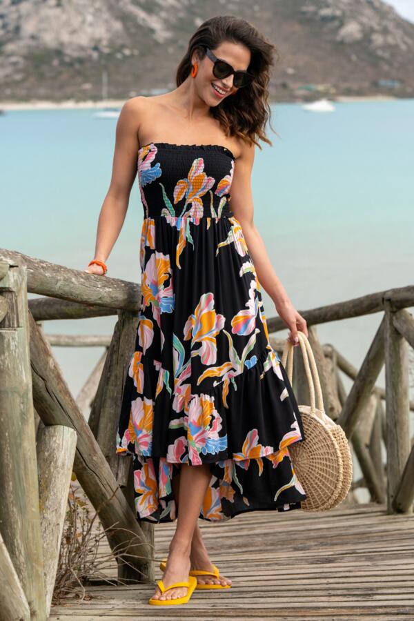 Strapless Asymmetric Tiered Woven Maxi Dress