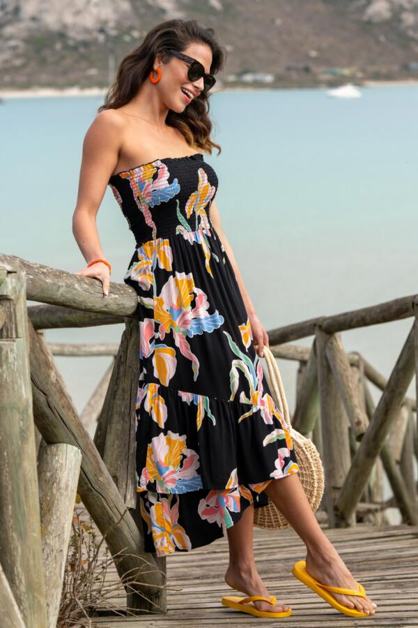 Strapless Asymmetric Tiered Woven Maxi Dress