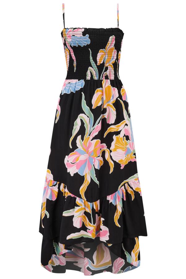 Strapless Asymmetric Tiered Woven Maxi Dress