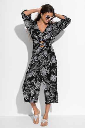 Crinkle O-Ring Woven Beach Jumpsuit - Black/White