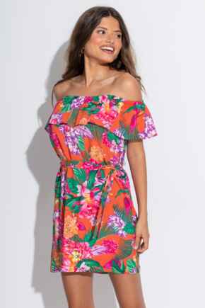 Frill Belted Bardot Dress - Orange Tropic